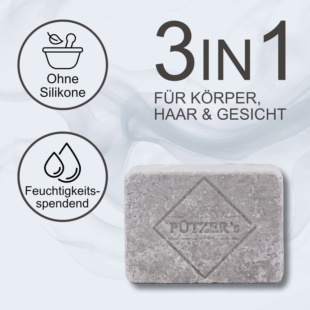 Festes Duschgel 110g 3in1 für Körper, Haar & Gesicht, feuchtigkeitsspendend und ohne Silikone.