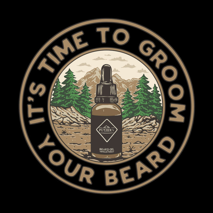 Beard Oil Bottle with It's Time to Groom Your Beard Text and Mountain Background